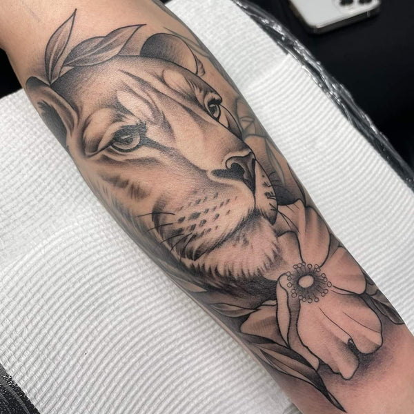 Black and grey lioness portrait tattoo on forearm
